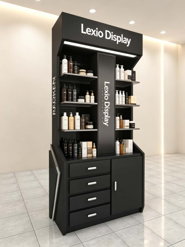 perfume gondola display (10) Custom Black Hair Care Vertical Display Cabinet | Salon Hair Floor Showcase With Side Light Box & Multi Drawer Storage