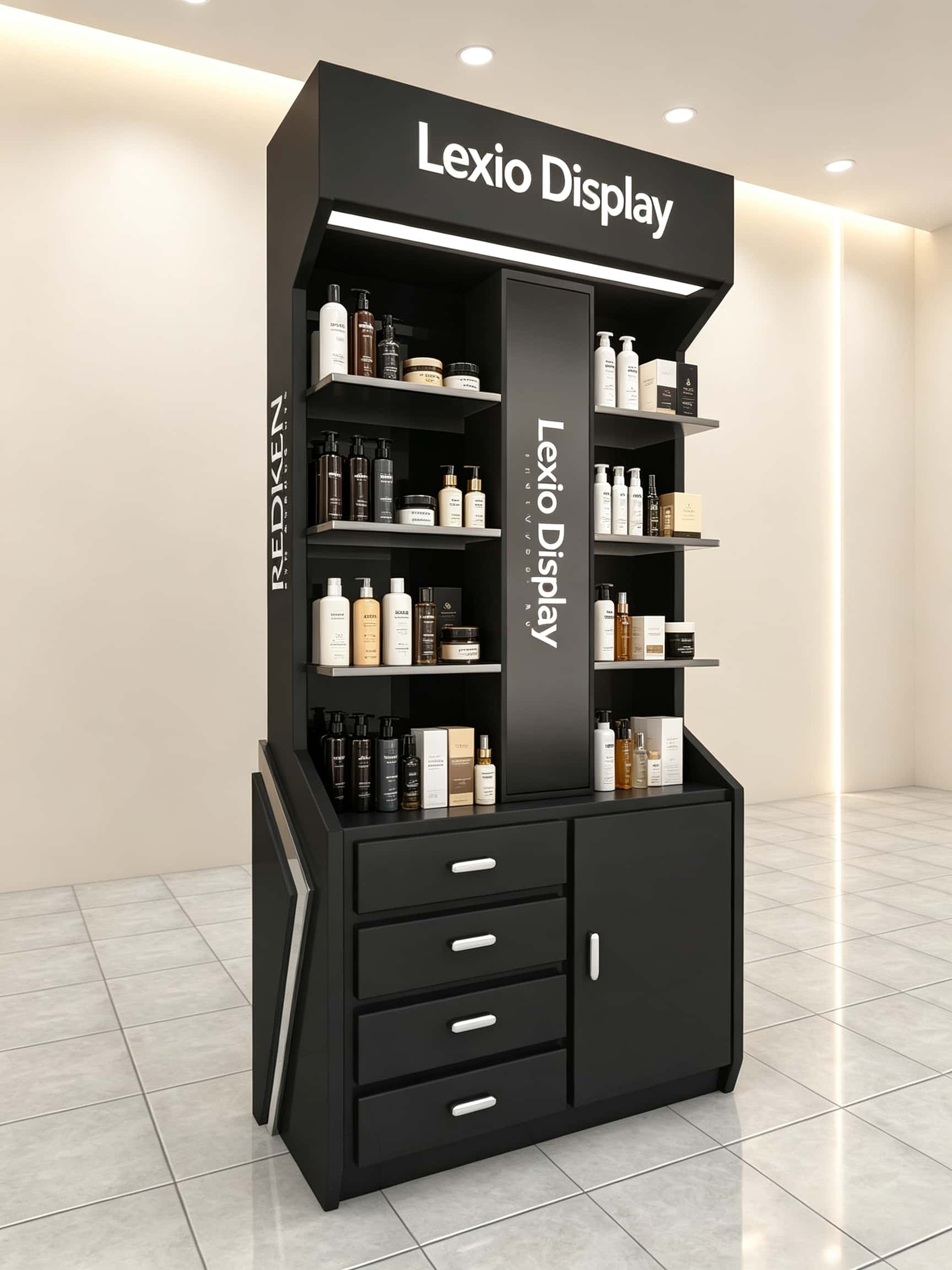 Custom Black Hair Care Vertical Display Cabinet | Salon Hair Floor Showcase With Side Light Box & Multi Drawer Storage
