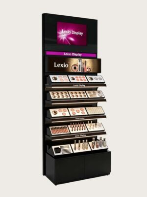 Black Vertical Makeup Display Stand | Commercial Tiered Cosmetic Floor Showcase For Drugstore Beauty Retail