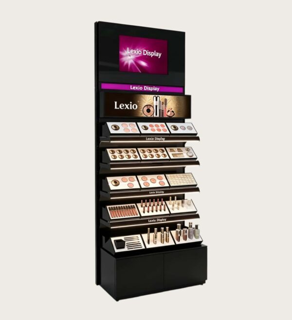 perfume gondola display (11) Black Vertical Makeup Display Stand | Commercial Tiered Cosmetic Floor Showcase For Drugstore Beauty Retail