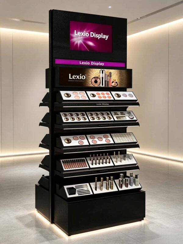 perfume gondola display (12) Black Vertical Makeup Display Stand | Commercial Tiered Cosmetic Floor Showcase For Drugstore Beauty Retail