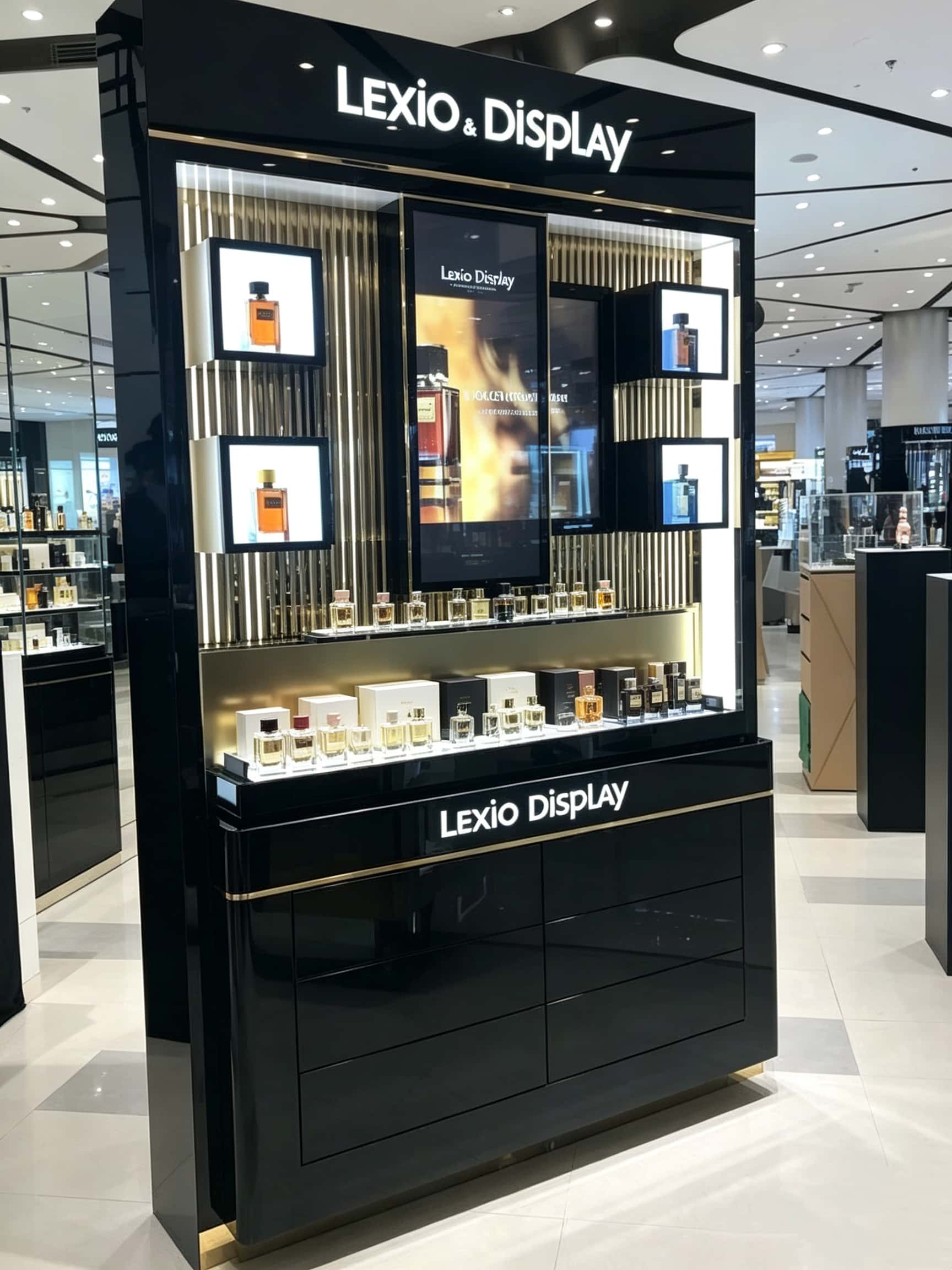 Luxury Black Gloss Perfume Wall Display Cabinet | Commercial Vertical Fragrance Showcase For Cosmetic Store