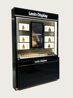 Luxury Black Gloss Perfume Wall Display Cabinet | Commercial Vertical Fragrance Showcase For Cosmetic Store