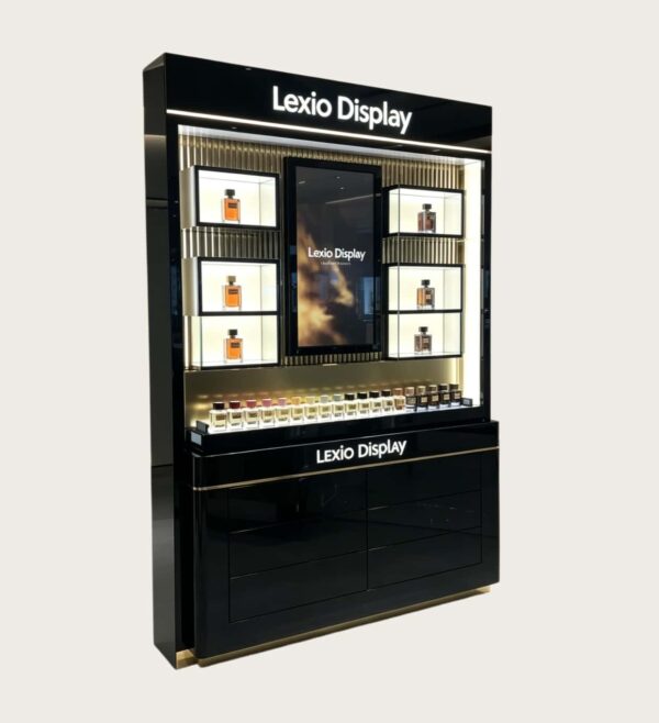 Luxury Black Gloss Perfume Wall Display Cabinet | Commercial Vertical Fragrance Showcase For Cosmetic Store