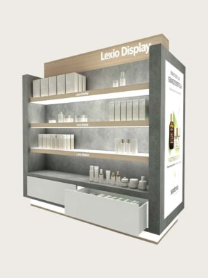 Wood Grain Skincare Display Cabinet |Side Cosmetic Shelving Unit With Drawer & Side LED Poster For Beauty Salon Shop