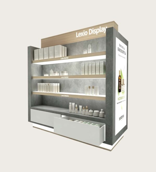 perfume gondola display (15) Wood Grain Skincare Display Cabinet |Side Cosmetic Shelving Unit With Drawer & Side LED Poster For Beauty Salon Shop