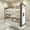 perfume gondola display (16) Wood Grain Skincare Display Cabinet |Side Cosmetic Shelving Unit With Drawer & Side LED Poster For Beauty Salon Shop