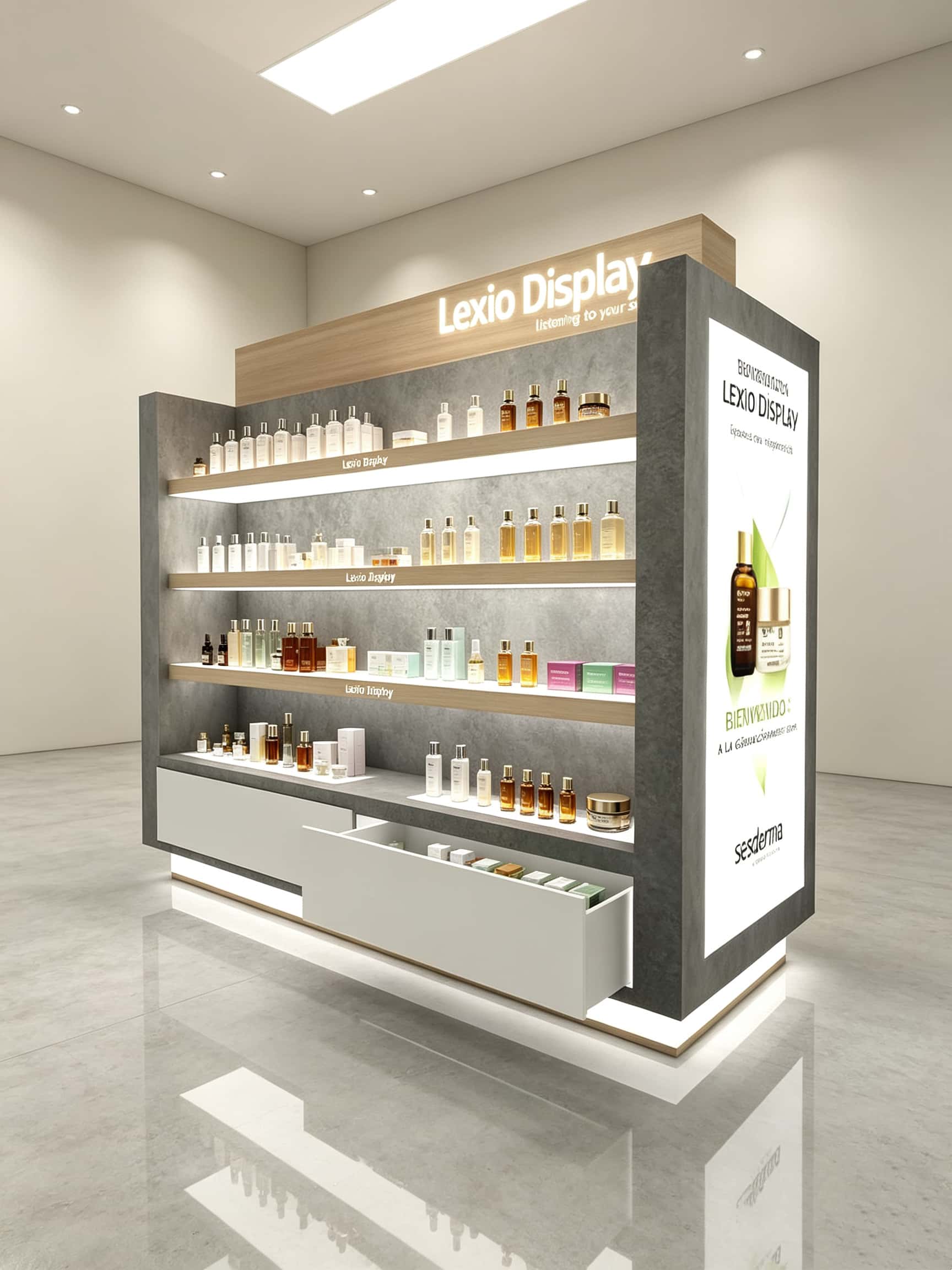 Wood Grain Skincare Display Cabinet |Side Cosmetic Shelving Unit With Drawer & Side LED Poster For Beauty Salon Shop