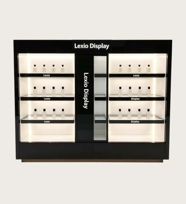 Factory Gloss Black Gondola Perfume Display | Commercial Multi-Side Fragrance Gondola Showcase With LED Shelves & Poster For Cosmetic Shop