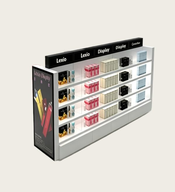 perfume gondola display (2) Wholesale Double Sided Cosmetic Island Display Cabinet | Modern White Open Shelving Retail Perfume Gondola With LED Light Box