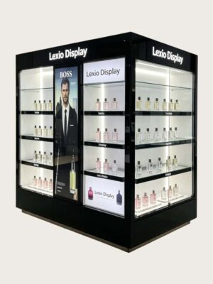 Factory Gloss Black Gondola Perfume Display | Commercial Multi-Side Fragrance Gondola Showcase With LED Shelves & Poster For Cosmetic Shop