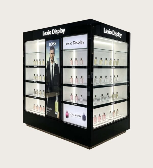 Factory Gloss Black Gondola Perfume Display | Commercial Multi-Side Fragrance Gondola Showcase With LED Shelves & Poster For Cosmetic Shop