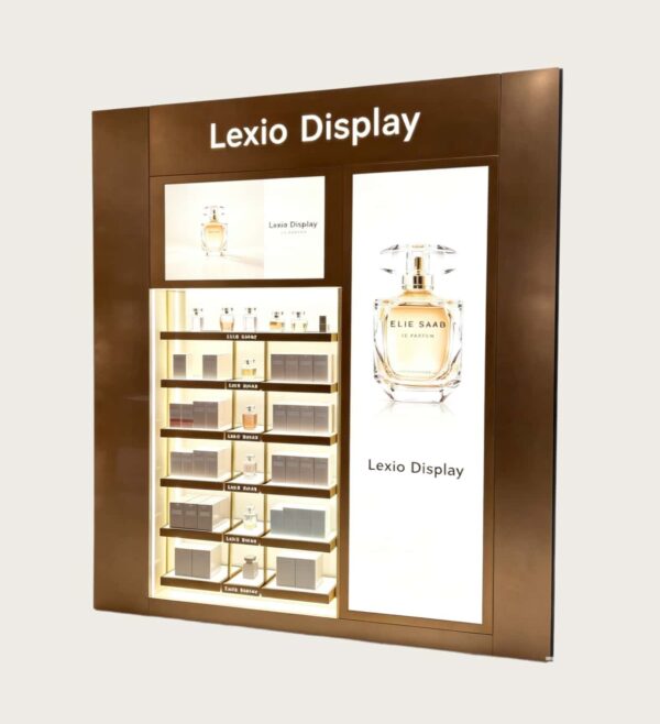 perfume gondola display (22) Wholesale Stainless Steel Perfume Wall Display Unit | Fragrance Showcase With Dual Side LED Poster For Stores