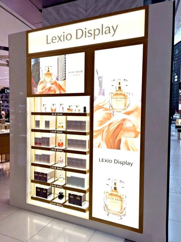 perfume gondola display (23) Wholesale Stainless Steel Perfume Wall Display Unit | Fragrance Showcase With Dual Side LED Poster For Stores