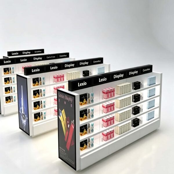 perfume gondola display (24) Wholesale Double Sided Cosmetic Island Display Cabinet | Modern White Open Shelving Retail Perfume Gondola With LED Light Box