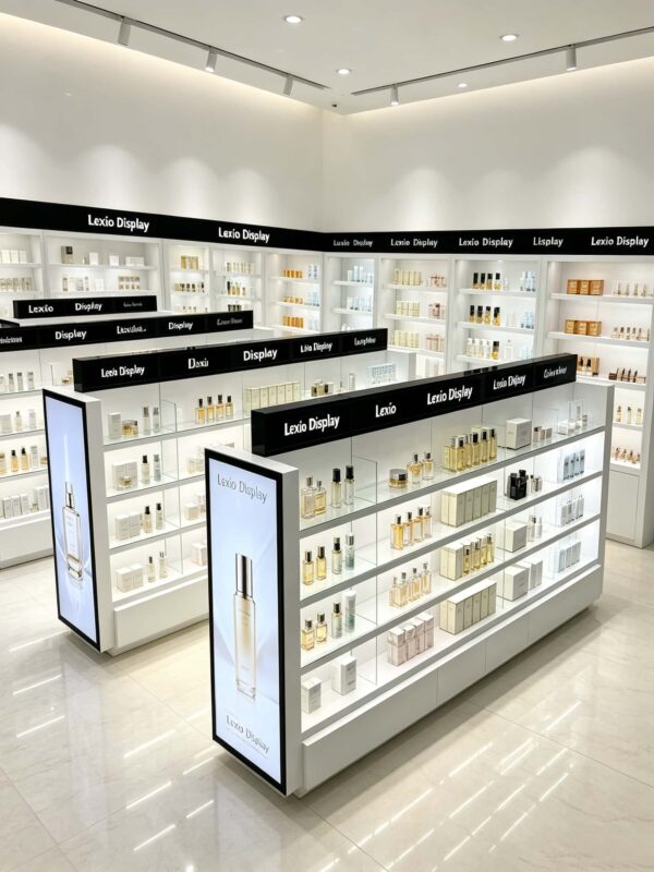perfume gondola display (25) Wholesale Double Sided Cosmetic Island Display Cabinet | Modern White Open Shelving Retail Perfume Gondola With LED Light Box