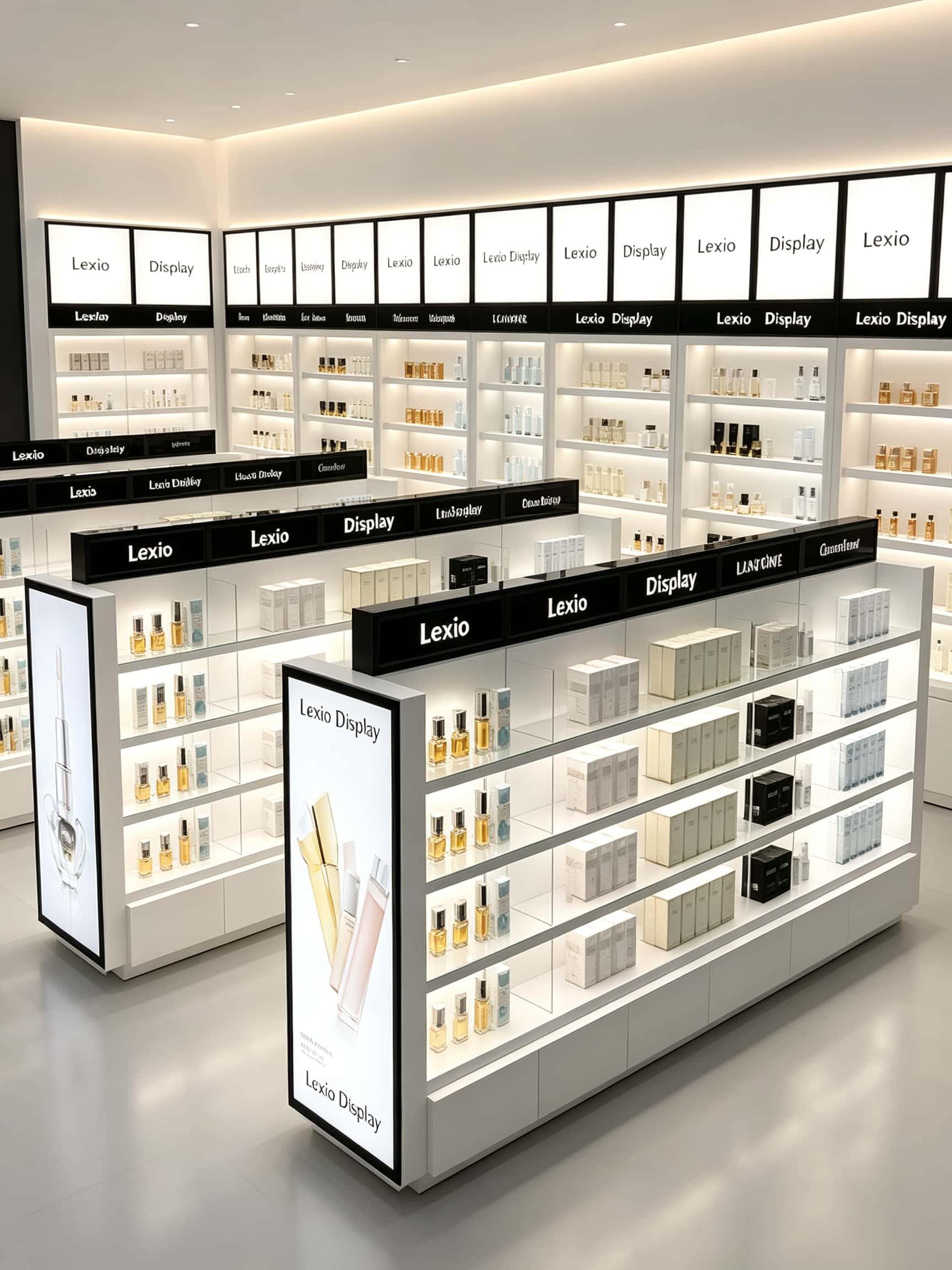 Wholesale Double Sided Cosmetic Island Display Cabinet | Modern White Open Shelving Retail Perfume Gondola With LED Light Box
