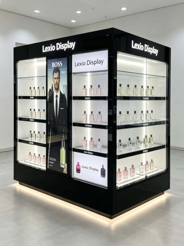 Factory Gloss Black Gondola Perfume Display | Commercial Multi-Side Fragrance Gondola Showcase With LED Shelves & Poster For Cosmetic Shop