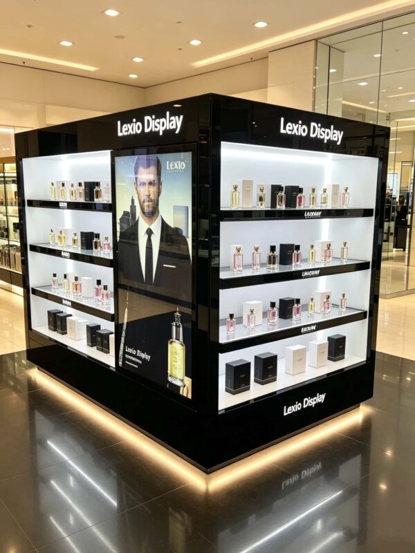 Factory Gloss Black Gondola Perfume Display | Commercial Multi-Side Fragrance Gondola Showcase With LED Shelves & Poster For Cosmetic Shop