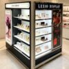 Factory Gloss Black Gondola Perfume Display | Commercial Multi-Side Fragrance Gondola Showcase With LED Shelves & Poster For Cosmetic Shop