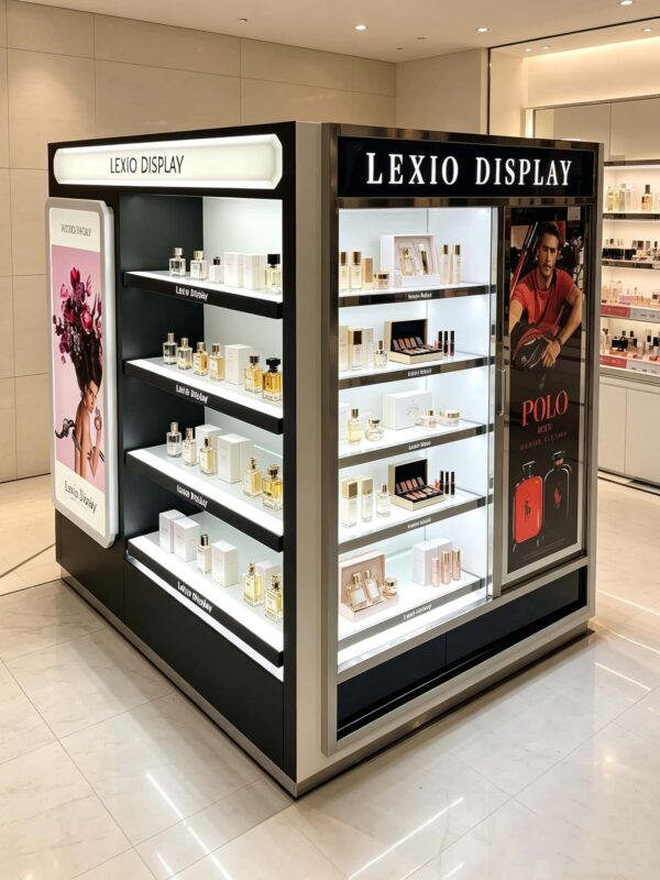 Factory Gloss Black Gondola Perfume Display | Commercial Multi-Side Fragrance Gondola Showcase With LED Shelves & Poster For Cosmetic Shop