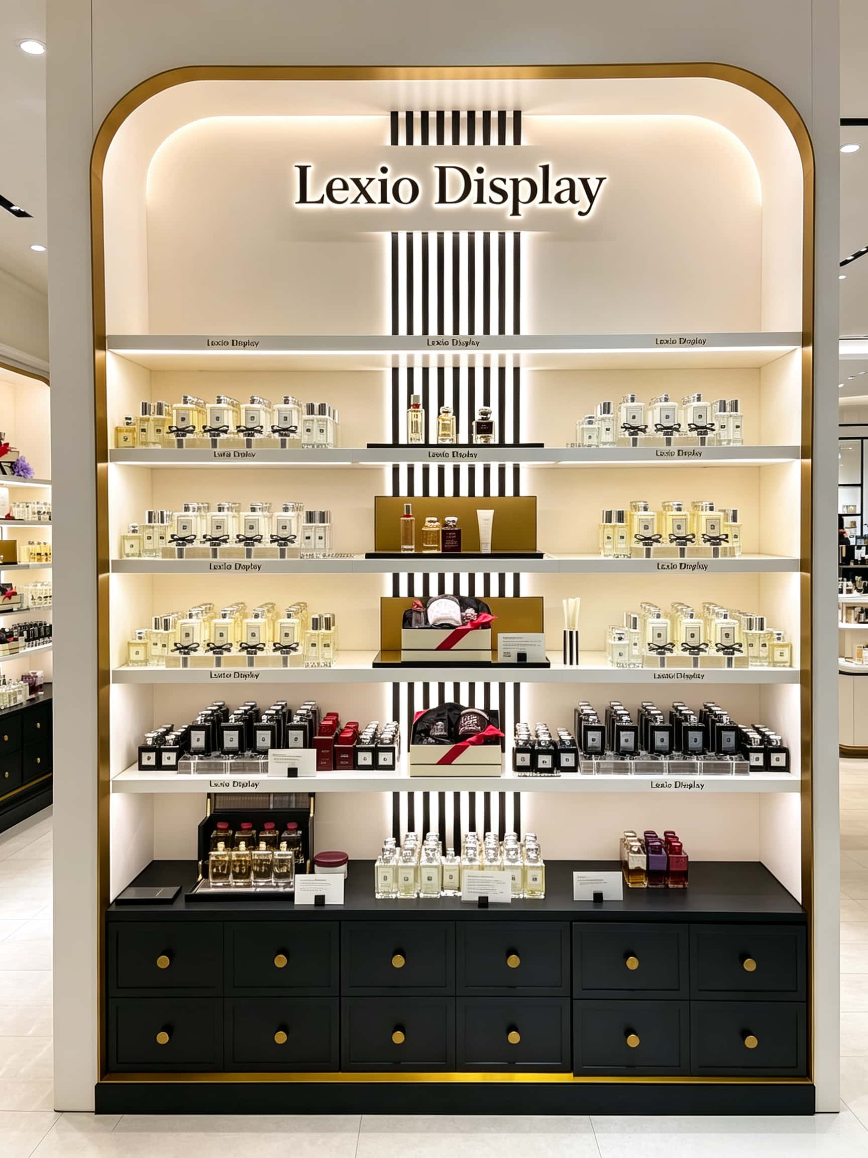 Custom Arch Wooden Perfume Display Wall Cabinet | Luxury Fragrance Shelving Unit With LED For Perfume Shop