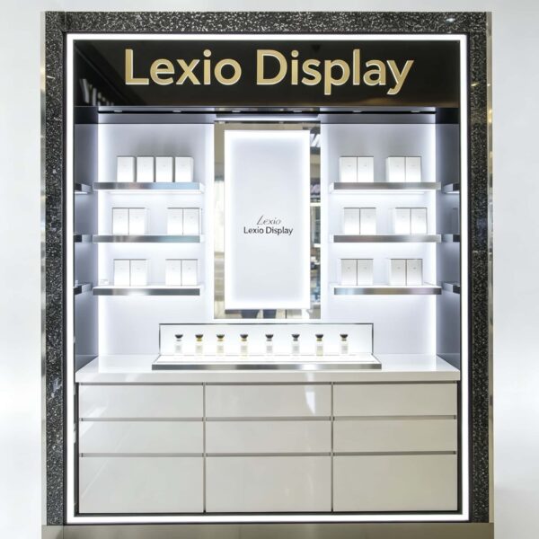 Wholesale Perfume Store Wall Display Cabinet | White Luxury Fragrance Counter Showcase With Central Backlit Poster & Drawer Storage