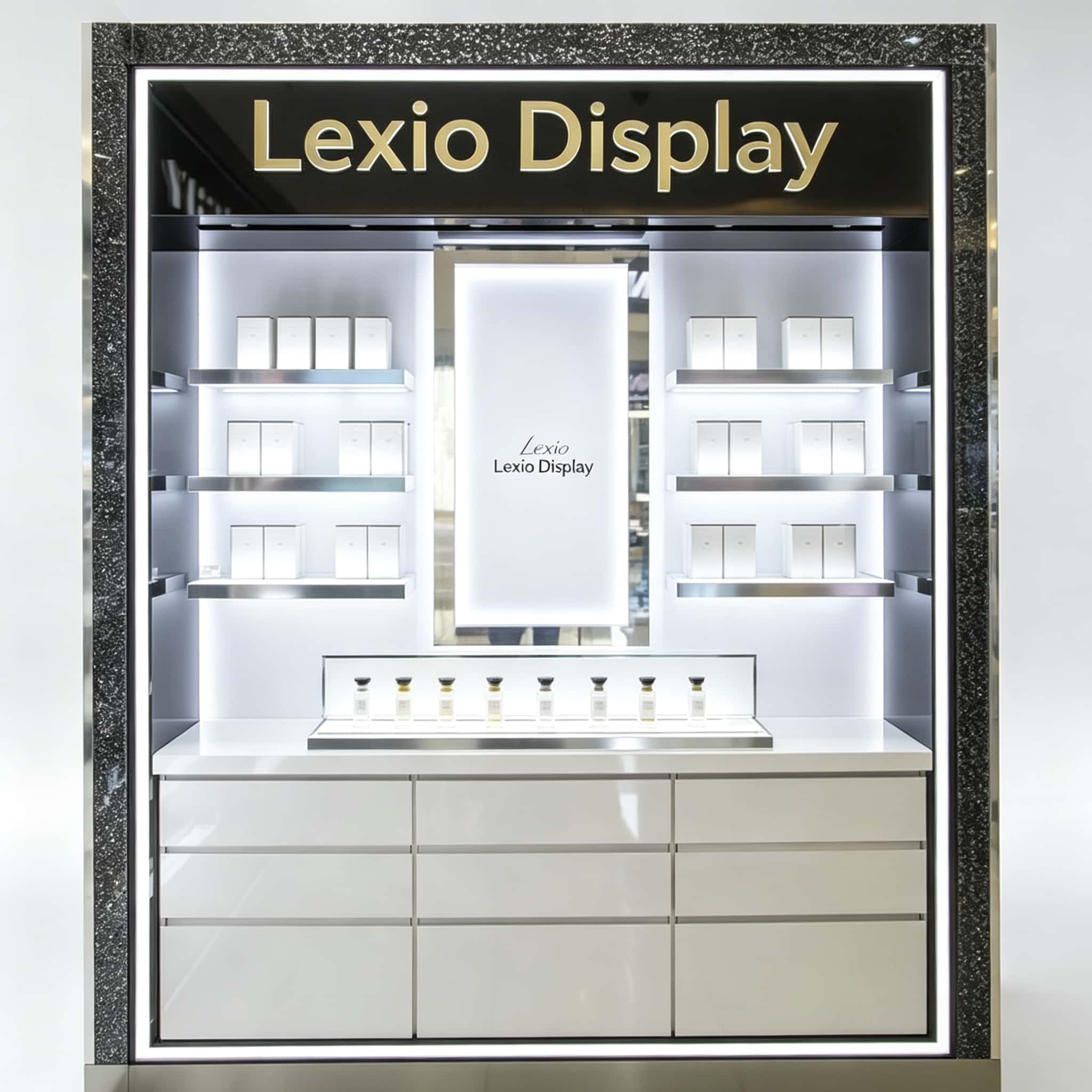 Wholesale Perfume Store Wall Display Cabinet | White Luxury Fragrance Counter Showcase With Central Backlit Poster & Drawer Storage