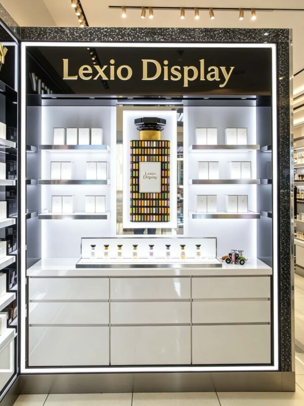 Wholesale Perfume Store Wall Display Cabinet | White Luxury Fragrance Counter Showcase With Central Backlit Poster & Drawer Storage