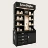 perfume gondola display (9) Custom Black Hair Care Vertical Display Cabinet | Salon Hair Floor Showcase With Side Light Box & Multi Drawer Storage