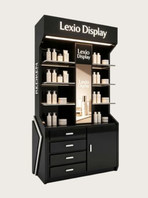 perfume gondola display (9) Custom Black Hair Care Vertical Display Cabinet | Salon Hair Floor Showcase With Side Light Box & Multi Drawer Storage