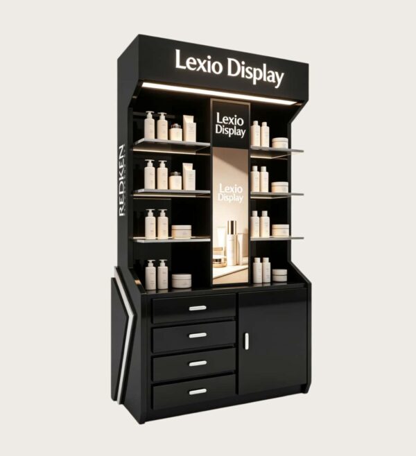 perfume gondola display (9) Custom Black Hair Care Vertical Display Cabinet | Salon Hair Floor Showcase With Side Light Box & Multi Drawer Storage