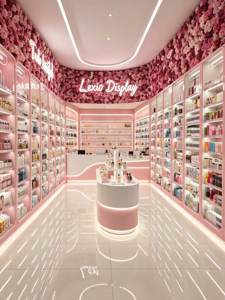 Simple Pink Decor and Flower Wall Ideas for a Cosmetics Shop
