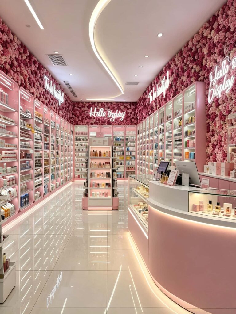 Simple Pink Decor and Flower Wall Ideas for a Cosmetics Shop