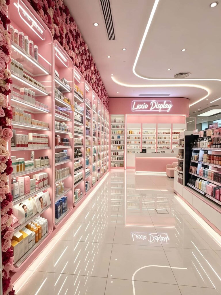 Simple Pink Decor and Flower Wall Ideas for a Cosmetics Shop