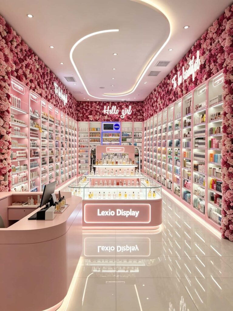 Simple Pink Decor and Flower Wall Ideas for a Cosmetics Shop