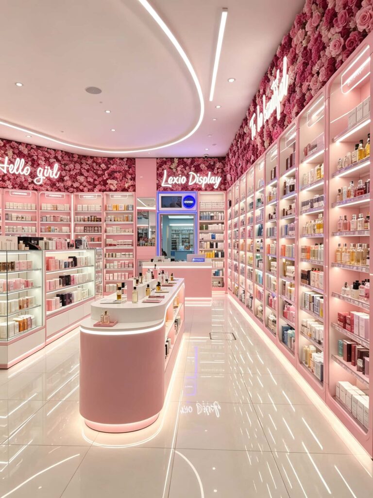 Simple Pink Decor and Flower Wall Ideas for a Cosmetics Shop