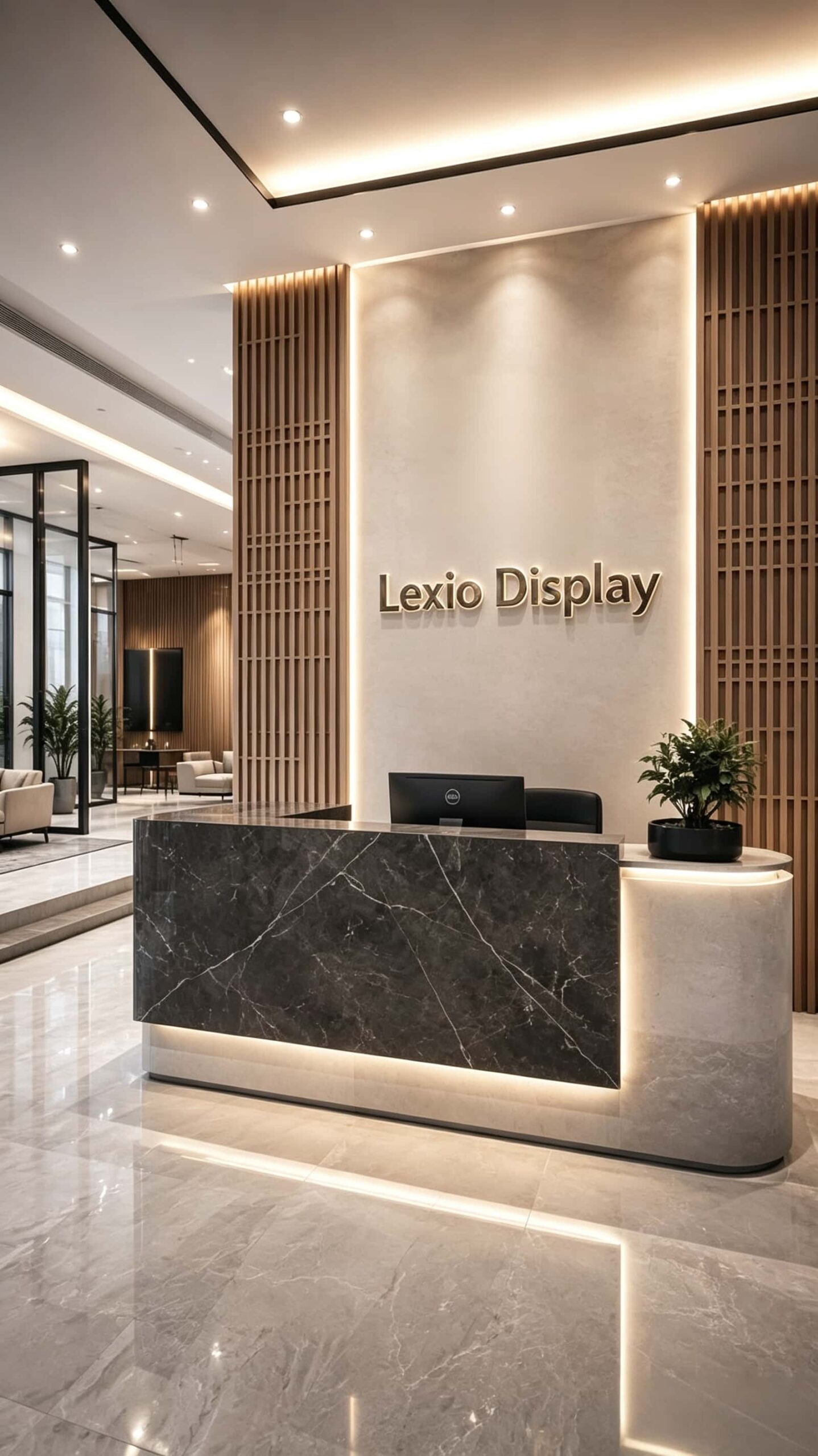 L Shaped Two-Tone Marble Reception Desk | Factory Custom Asymmetrical Front Counter For Corporate Office Lobby