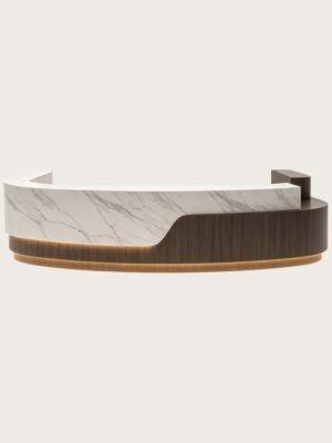 Curved U-Shaped Marble Wood Reception Counter | Wholesale Commercial Dual Material Front Desk For Luxury Hotel Lobby