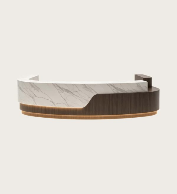 Curved U-Shaped Marble Wood Reception Counter | Wholesale Commercial Dual Material Front Desk For Luxury Hotel Lobby