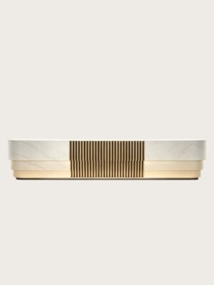Straight Layered White Marble Reception Desk | Wholesale Commercial Central Fluted Brass Front Counter For Lobby