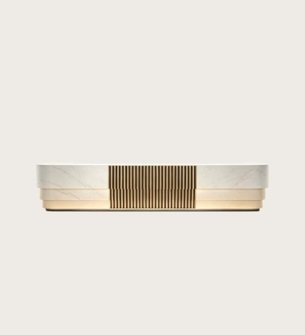 reception desk (12) Straight Layered White Marble Reception Desk | Wholesale Commercial Central Fluted Brass Front Counter For Lobby