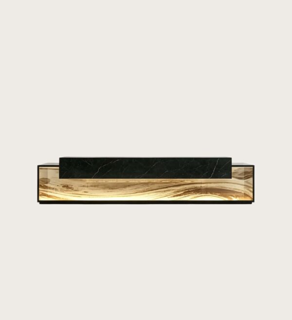 reception desk (13) Two-Tier Linear Onyx Marble Reception Counter | Factory Custom Layered Front Desk For Luxury Hotel Lobby