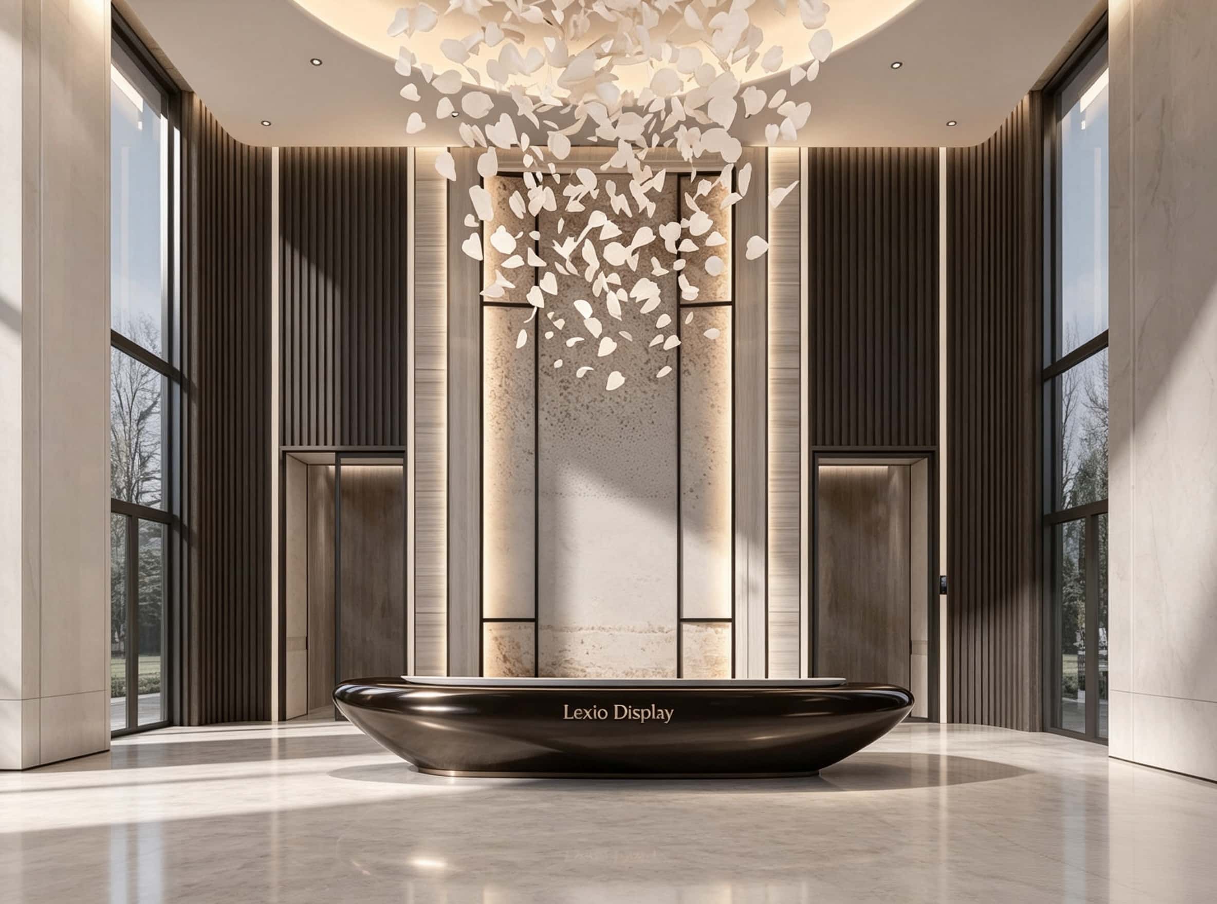 Organic Curved Boat Shaped Solid Wood Reception Counter Custom Front Desk Lobby With Polished Gloss Finish