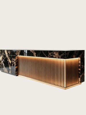 Straight Black Gold Vein Marble Reception Desk | Custom Commercial Fluted Metal Front Counter For Luxury Office Club