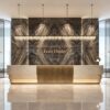 reception desk (4) Straight Layered White Marble Reception Desk | Wholesale Commercial Central Fluted Brass Front Counter For Lobby