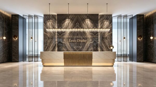 reception desk (4) Straight Layered White Marble Reception Desk | Wholesale Commercial Central Fluted Brass Front Counter For Lobby