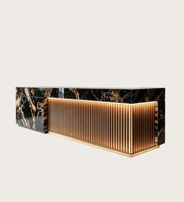 Straight Black Gold Vein Marble Reception Desk | Custom Commercial Fluted Metal Front Counter For Luxury Office Club