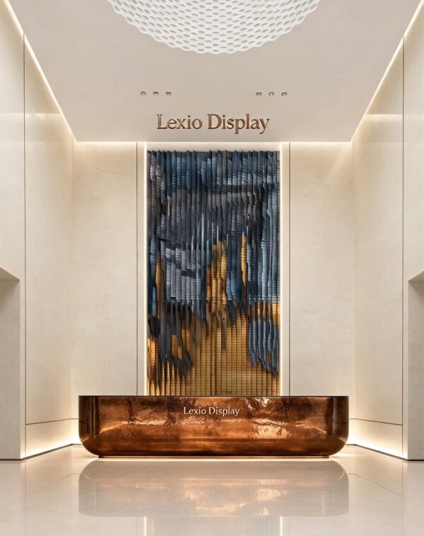 reception desk (8) Oval Hammered Copper Metal Reception Counter Luxury Front Desk For High-End Lobby With Lighting