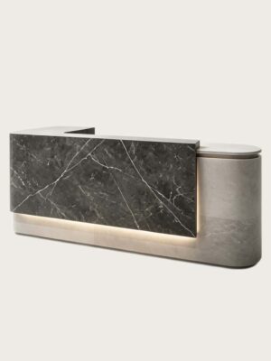 L Shaped Two-Tone Marble Reception Desk | Factory Custom Asymmetrical Front Counter For Corporate Office Lobby